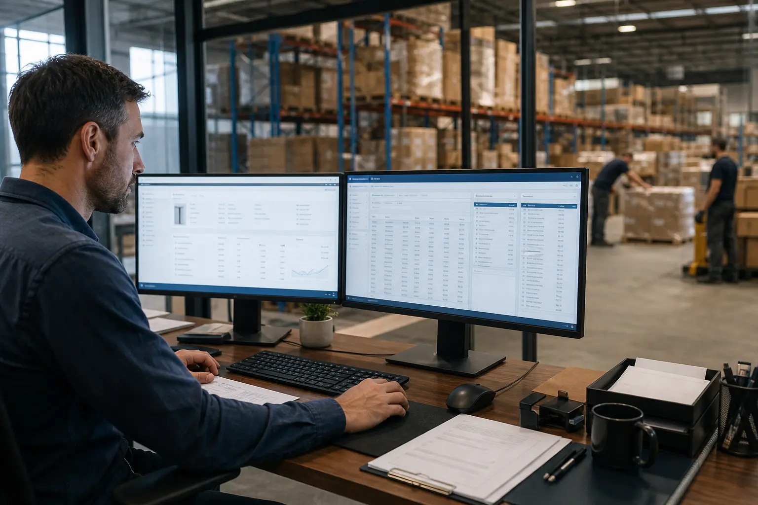 Commerce and ERP operations desk overlooking a working warehouse